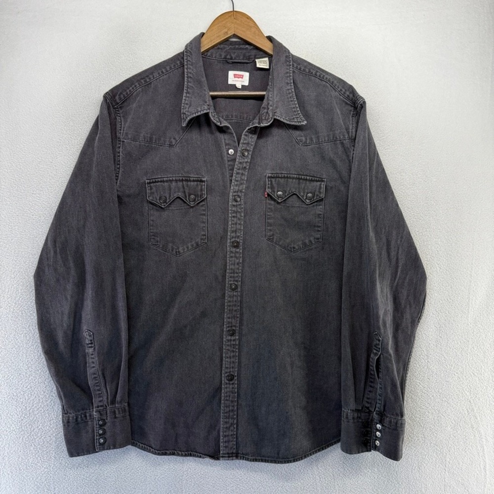 Levis Denim Shirt Men's 2XL Black Western Pearl Snap Sawtooth Pockets Cowboy